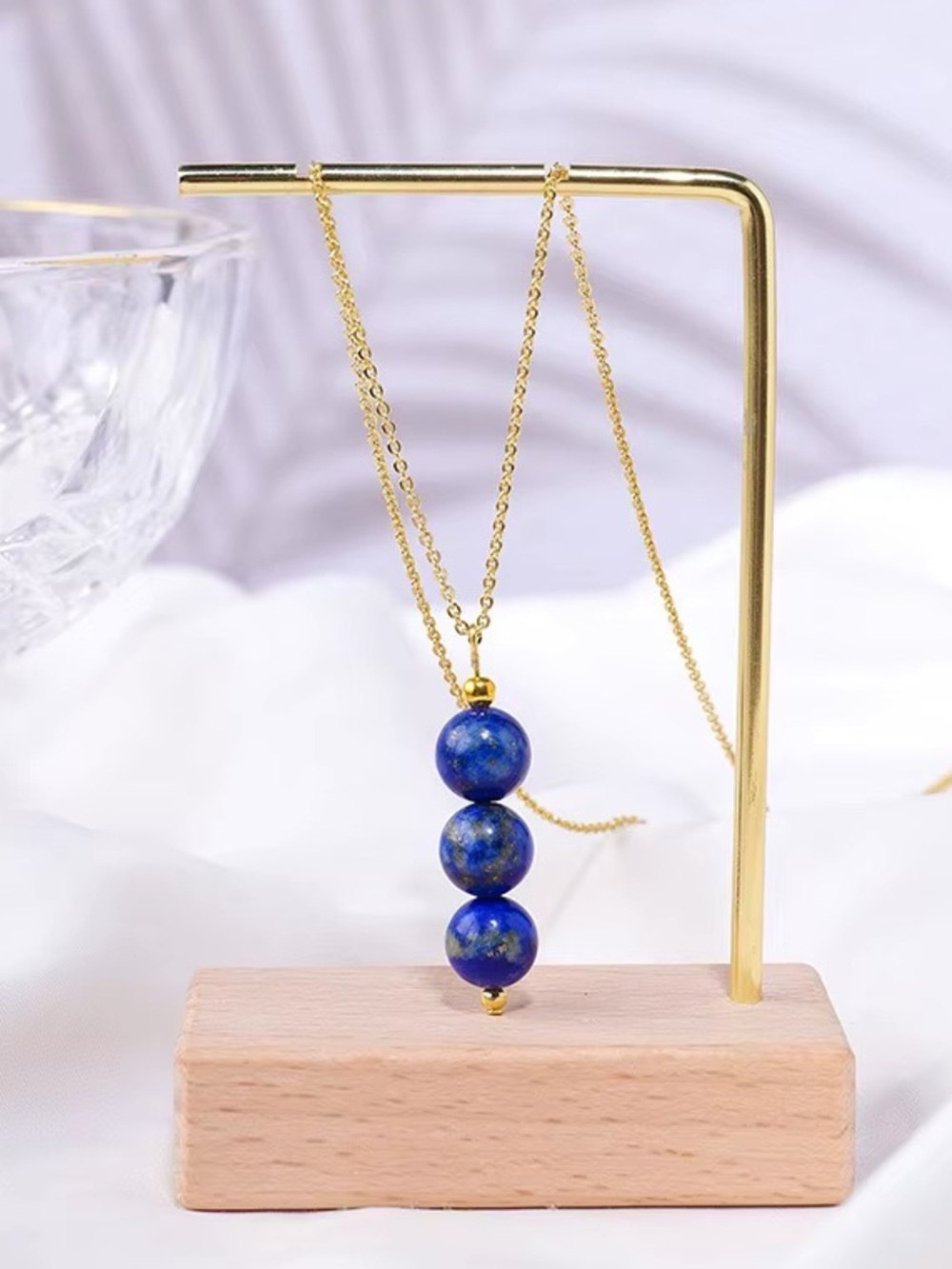 🆕New Lapis Lazuli 3 Bead Gemstone Necklace Pendant -14k Gold Plated